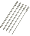 5 Piece Long Screwdriver Bits Set With Strong Magnetic Hold And Extra Tough Alloy Steel Construction For Electric Drill Driver Manual Use Featuring 1/4 Inch Hex Shank PH1 And PH2 Tips For Super Fast High Torque Fastener Jobs That Rock. 5 long PH1 PH2 magnetic bits, alloy steel, 1/4 inch hex shank
