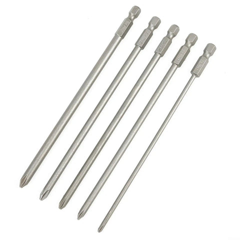 5 Piece Long Screwdriver Bits Set With Strong Magnetic Hold And Extra Tough Alloy Steel Construction For Electric Drill Driver Manual Use Featuring 1/4 Inch Hex Shank PH1 And PH2 Tips For Super Fast High Torque Fastener Jobs That Rock. 5 long PH1 PH2 magnetic bits, alloy steel, 1/4 inch hex shank