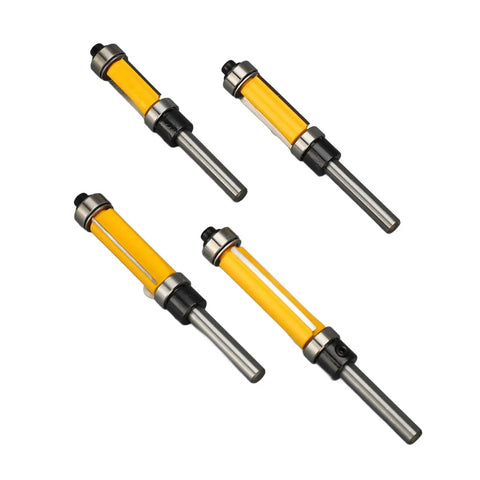 Cool Flush Trim Router Bit Set With 1/4 Inch Shank Plus Heavy Duty 1/2 Cut Diameter For Smooth Wood Trimming And Professional Grade Finish, four bits.