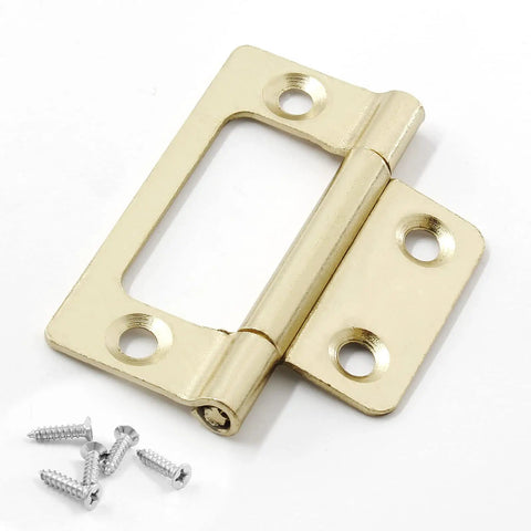 Top Shelf Non Mortise Door Hinges, 2 Inch Imitation Gold Finish, 12 Pack With Hardware, close-up with screws.