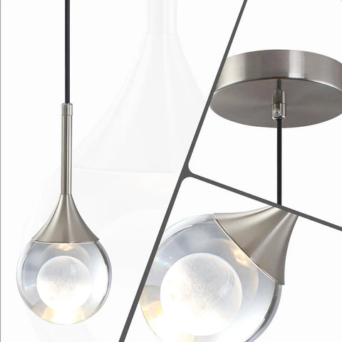 MKonpeny Modern Crystal Moon Pendant Light, 3000K 7W Led Pendant Light Kitchen Island, Brush Nickel Pendant, close-up view of globe.