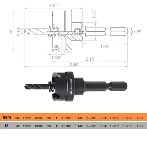 Diagram and side view of Tungsten Carbide Tipped Quick Change Hole Cutter 0.8125 Inch TCT Hole Saw With Oxide Coating 5mm Depth