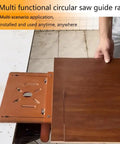 Close-up of Rugged As Nails Circular Saw Base Plate Swap Out Bottom Board in use for clean 90 degree cuts, 28x25cm, orange engineering plastic.