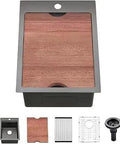 Black Stainless Steel Drop In Bar Sink 15x20 Inch 16 Gauge T304 Heavy Duty Kitchen Bar Sink With Cutting Board Top Mount.
