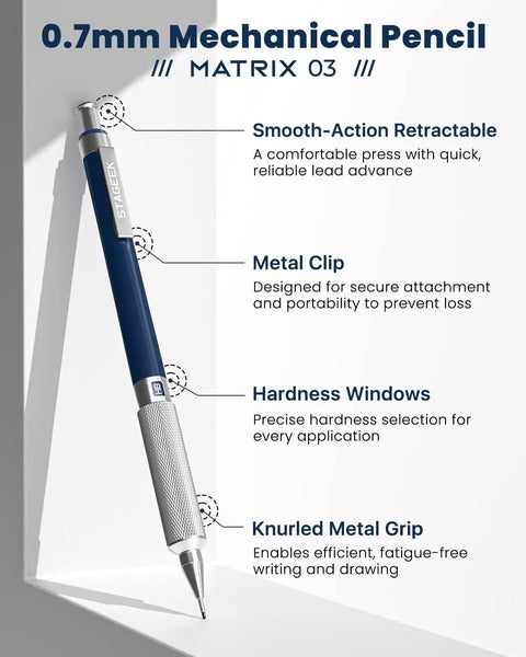 0.7Mm Metal Mechanical Pencil For Drafting And Art Pro Grade Sketching Tool With Eraser And 60 HB Lead Refills Comfortable Anti Slip Grip Durable Studio Workhorse For Artists Students Office And School Projects, showing close-up of knurled metal grip and clip features.