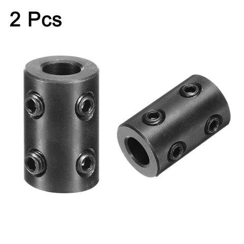 Two Pack Shaft Couplings With Five Sixteenth Inch Bore And Five Eighth Inch Outer Diameter One Inch Long Black Oxide Steel Rigid Coupling With Four Set Screws For Torque Transfer In DIY Motors Wheels And Machinery