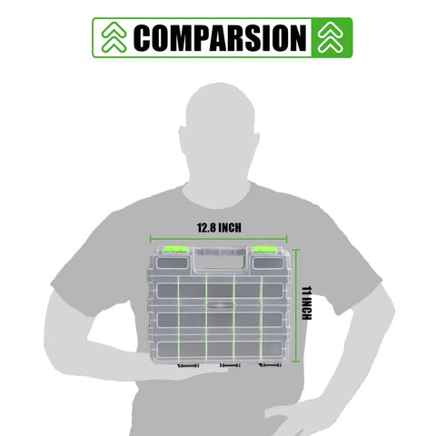 Silhouette holding Double Sided 34 Compartments Tool Organizer Box With Clear Lid Removable Dividers For Hardware Screws Bolts Nails Beads Jewelry And Fishing Gear Green Two Pack dimensions shown.
