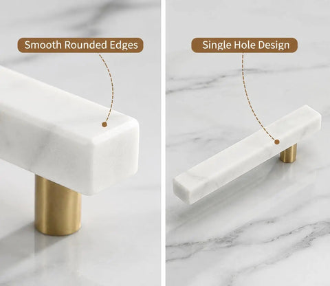 Straight Up Premium White Marble Cabinet Pulls With Slick Gold Aluminum Drawer Handles 3.78 Inch 96Mm Center To Center 4Pack showing smooth rounded edges and single hole design.