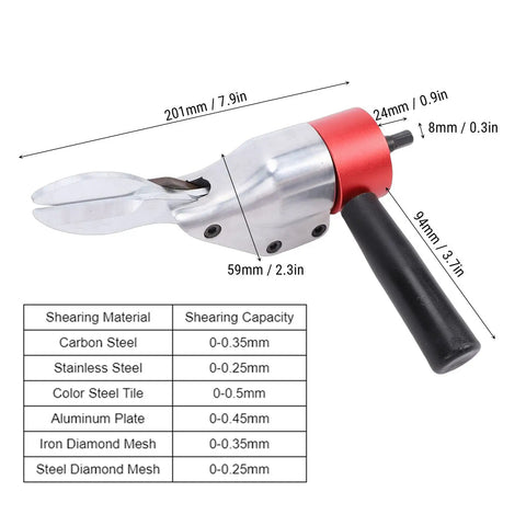Omquot Electric Metal Shear Drill Attachment Crv Steel Blade Cuts Iron Stainless Aluminum Sheets Effortlessly 360 Degree Rotating Handle dimensions and features