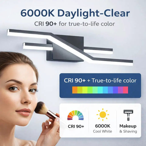 Ultra Bright Dimmable LED Vanity Light Fixture In Modern Chrome Over Mirror illustration with woman applying makeup.