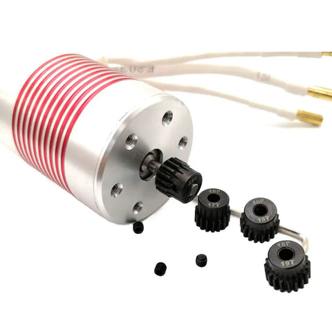 48P Pinion Gear Set For 1/10 RC Cars, 16T 17T 18T 19T, 3.175mm Pitch displayed with motor and gears