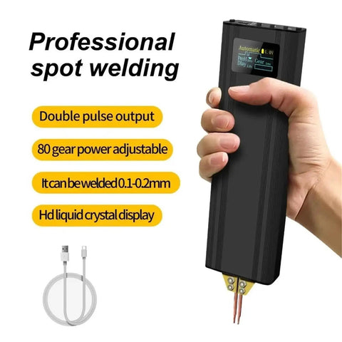 Handheld Portable Spot Welder With Adjustable Gear And Power For DIY Projects Compact Welding Machine For Precise Spot Welds 80 Gear Precision Lightweight Spot Welding Equipment shown held in hand showcasing LCD display and dual pulse output.