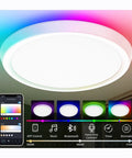 Smart LED Ceiling Light Flush Mount With WiFi Voice Controlled 35W 12 Inch Color Changing RGB Dimmable, showing control features.