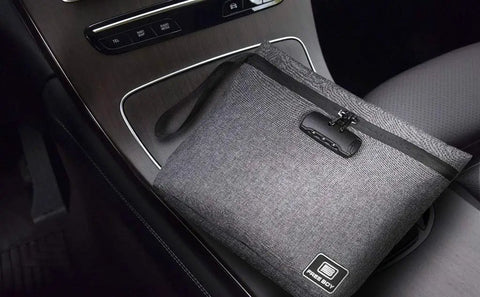 Odor Proof Stash Bag With Combination Lock Durable Smell Proof Gear Storage on car seat, 11.8 x 8.6 inches, activated carbon lined