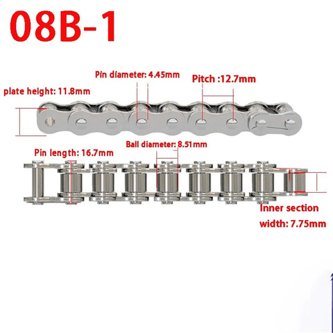 Heavy Duty Industrial 304 Stainless Steel Short Pitch Roller Chain 08B 1.5 M Length For Machinery Drive Sprocket Transmission, detailed dimensions included.