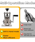 Image of a drill powered wire stripping machine and hand-held tool comparison for copper cables 0.06 to 1 inch.
