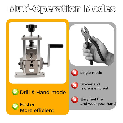 Image of a drill powered wire stripping machine and hand-held tool comparison for copper cables 0.06 to 1 inch.
