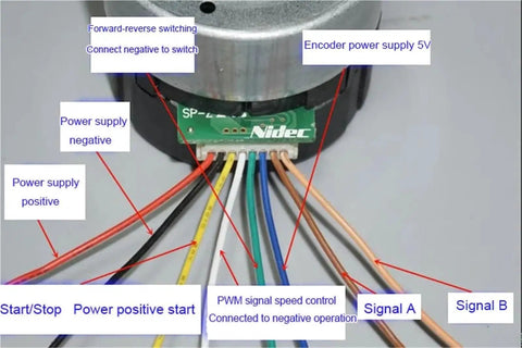 Wiring connections of a Brushless Servo Motor With Built In Drive, 9V To 24V Power, PWM Speed Control, And 100 Line Encoder