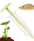 Go To Seed Spreader And Sowing Tool For Gardeners With Ergonomic Design Reusable Seeder, ABS body, shown with seeds and plant.
