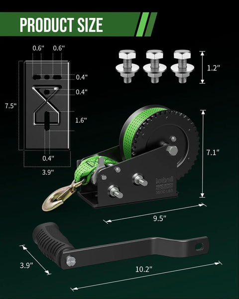 Rock Solid Boat Trailer Winch With Strap 3500 Lbs Hand Winch Dual Speed with detailed measurements and components for use.