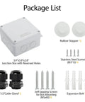 Package list showing IP65 Weatherproof Outdoor Electrical Junction Box Enclosure with included accessories.