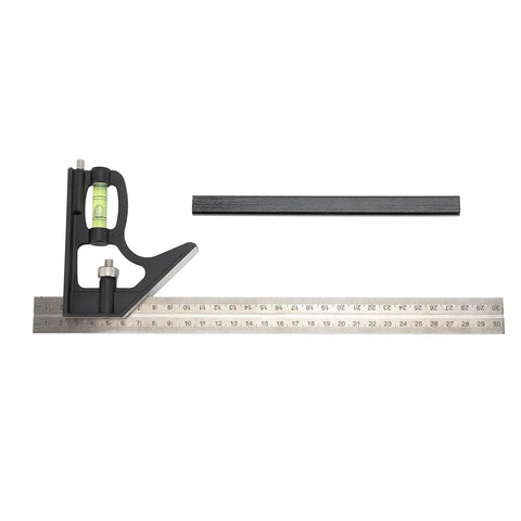 12 Inch Heavy Duty All In One Combo Square with degree markings, level, and spring loaded bolt for precise measurements in carpentry and metalworking