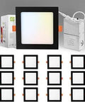 Six Inch Canless LED Recessed Light With J Box, 5 CCT 2700K To 5000K, CRI90 Or Higher, Black Square Panel Downlight Set