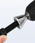 Side view of a deburring chamfer tool with hexagonal handle, silver head, and black threaded shaft