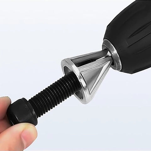 Side view of a deburring chamfer tool with hexagonal handle, silver head, and black threaded shaft