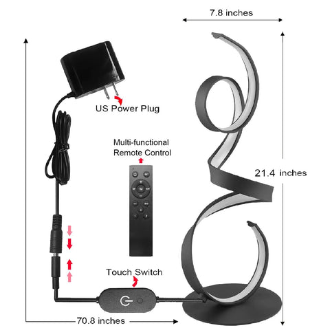 20W Remote Control Dimmable LED Art Table Lamp With Three Color Temperature Modes And Touch Switch 21 Inch Tall Cool Modern Abstract Desk Light For Living Room And Bedroom Black Finish, showing spiral design, remote, and power plug.