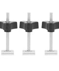 Three black knobs with threaded rods from Sturdy Stainless Steel T Track Kit For Woodworking Jigs And Fixtures, Quick Install On Flush Mounted Rails.