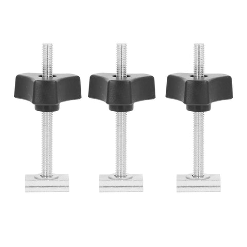 Three black knobs with threaded rods from Sturdy Stainless Steel T Track Kit For Woodworking Jigs And Fixtures, Quick Install On Flush Mounted Rails.