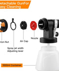 Cordless Paint Sprayer For Home Interior And Exterior, 1200ML Cup, 4.0Ah Battery, nozzle parts and 1000ml container layout