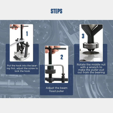 Instructions for Three Jaw Bearing Puller Tool Kit showing step-by-step guide on using the puller with pilot and blind bearings.