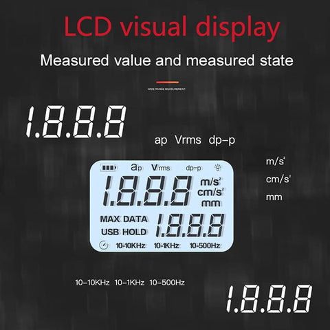 LCD display of Smooth Operator Digital Vibration Meter With High Grade Probe And Reliable Data Storage For Tracking Acceleration Velocity And Displacement Readings Without Any Glitches.