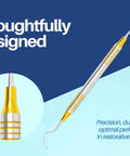 Gracey Curettes Set 7 Pcs With Gold Plasma Coated Tips For Precision Scaling Root Planing And Periodontal Care, Ergonomic 9 Mm Handle For A Comfy Pro Grade Dental Instrument Kit. Close-up of gold plasma coated handle and tip