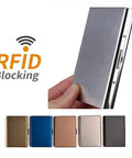 RFID Blocking Stainless Steel Card Holder Wallet in hand, showcasing compact design and various color options
