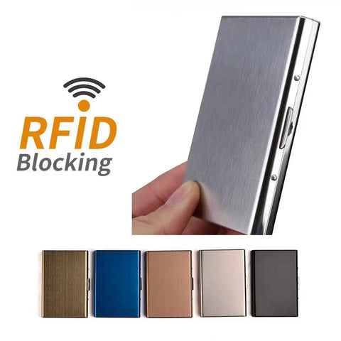 RFID Blocking Stainless Steel Card Holder Wallet in hand, showcasing compact design and various color options