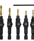 Five Piece Countersink Drill Bit Set With One Quarter Inch Hex Shank Woodworking Kit And L Wrench For Finishing Holes In Woodwork Sizes Five Six Eight Ten And Twelve
