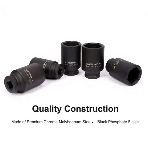 Half Inch Drive Deep Axle Nut Impact Socket Set With 6-Point Cr-Mo Steel Extra Deep Inch Sizes 1 3/16 To 1 1/2 Black Phosphate Finish 5 Piece