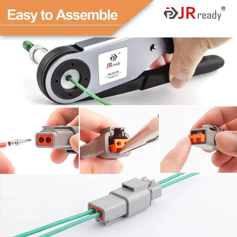 Waterproof DTP 2 Pin Connector Kit for 12 to 14 AWG Wire, showing assembly and application, durable PA66 nylon material