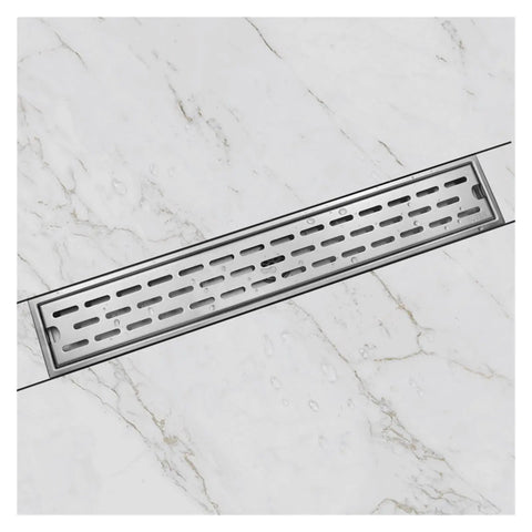 60 Cm Heavy Duty Square Invisible Floor Drain For Bathrooms And Showers Gravity Self Closing Stopper on marble tile with water droplets.