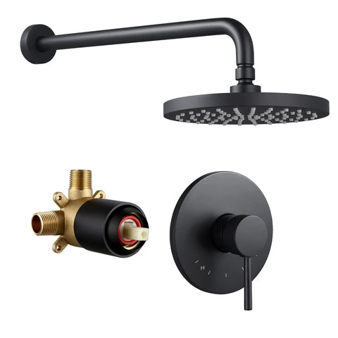 All In One Black Shower System With Rain Shower Head And Wall Mounted Trim Kit Pressure Balance Valve With Anti Scald Technology Easy Install Durable Brass Construction For Modern Bathrooms