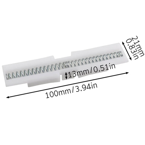 Two Piece White ABS Sliding Guide Rails Kit For Double Folding Doors Top Track Hardware Fastening Fittings Durable ABS Plastic Construction Suitable For One Inch To One And Three Eighths Inch Folding Gate showing dimensions and metal spring detail.
