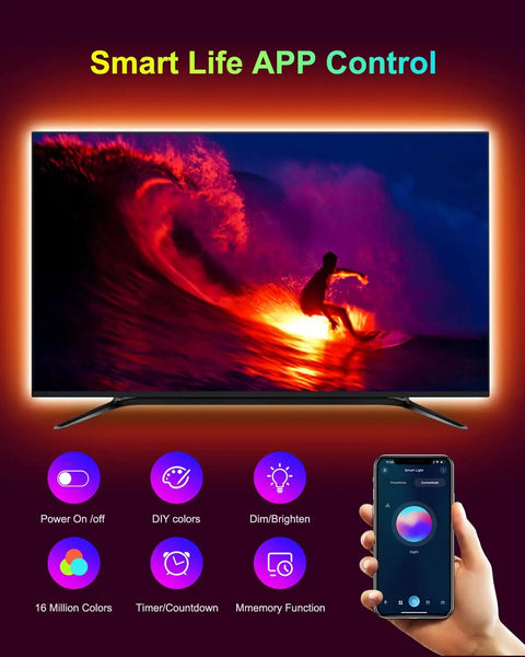 Color Changing Bluetooth LED Backlights For TV With Dope Smart App Control 15ft USB Powered Strip Perfect For Bedroom Gaming Room PC Or Mirror Fits 55 To 75 Inch TVs Music Sync Voice Control Remote And IR Options