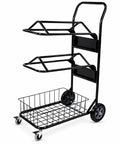 Heavy Duty Rolling Saddle Rack Cart With Spacious Basket And Locking Casters For Super Smooth Glides Sturdy steel frame with two shelves.