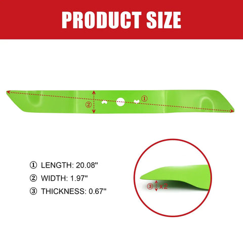 Replacement Heavy Duty Lawn Mower Blade 20.08 Inch For Greenworks 21 Inch Mower displayed with dimensions 20.08 x 1.97 x 0.67 inches