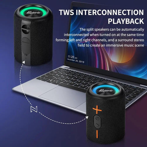 Two In One Portable Splittable Bluetooth Speaker Waterproof Bluetooth 5.3 on laptop, showing TWS interconnection.