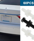 Tough As Nails M6 Plastic License Plate Screw Kit With Secure Fit Hex Nuts For Cars Trucks Motorcycles Sturdy Plastic Build Heavy Duty Bolt Set In Black And White 30 Piece Pack next to a car's rear license plate area.