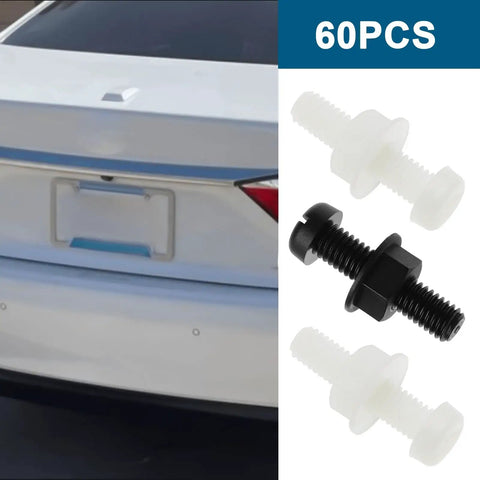 Tough As Nails M6 Plastic License Plate Screw Kit With Secure Fit Hex Nuts For Cars Trucks Motorcycles Sturdy Plastic Build Heavy Duty Bolt Set In Black And White 30 Piece Pack next to a car's rear license plate area.